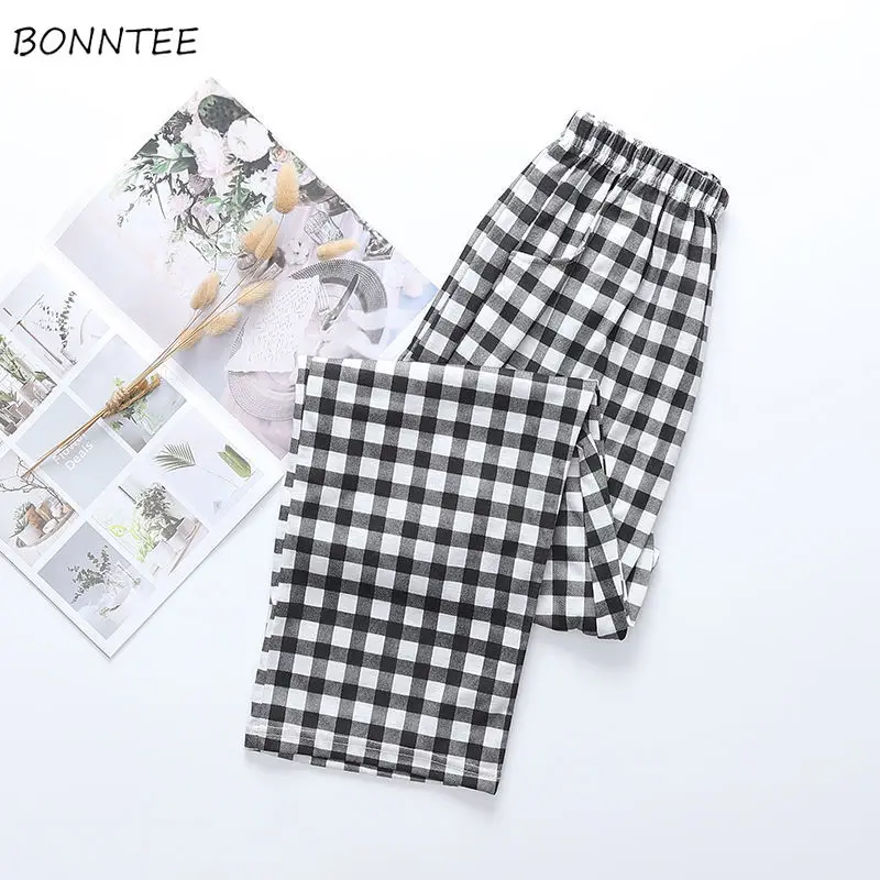 Plaid Sleep Bottoms Women Loose Home Thin Minimalist Casual Elastic Waist Summer Female Fashion Japanese Style Sleepwear Ulzzang