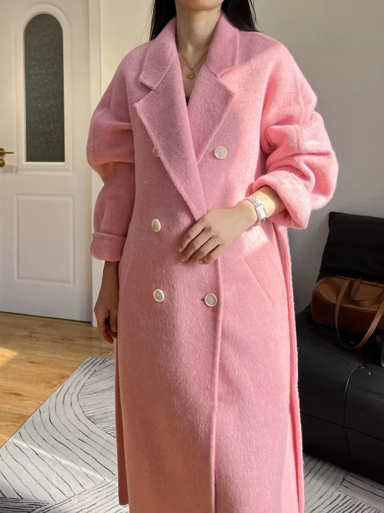 

New Women Double-sided Wool Alpaca Coat Feamle Fashion Casual Double Breasted Long Lapel Lace-up Woolen Coat Tide Autumn Winter