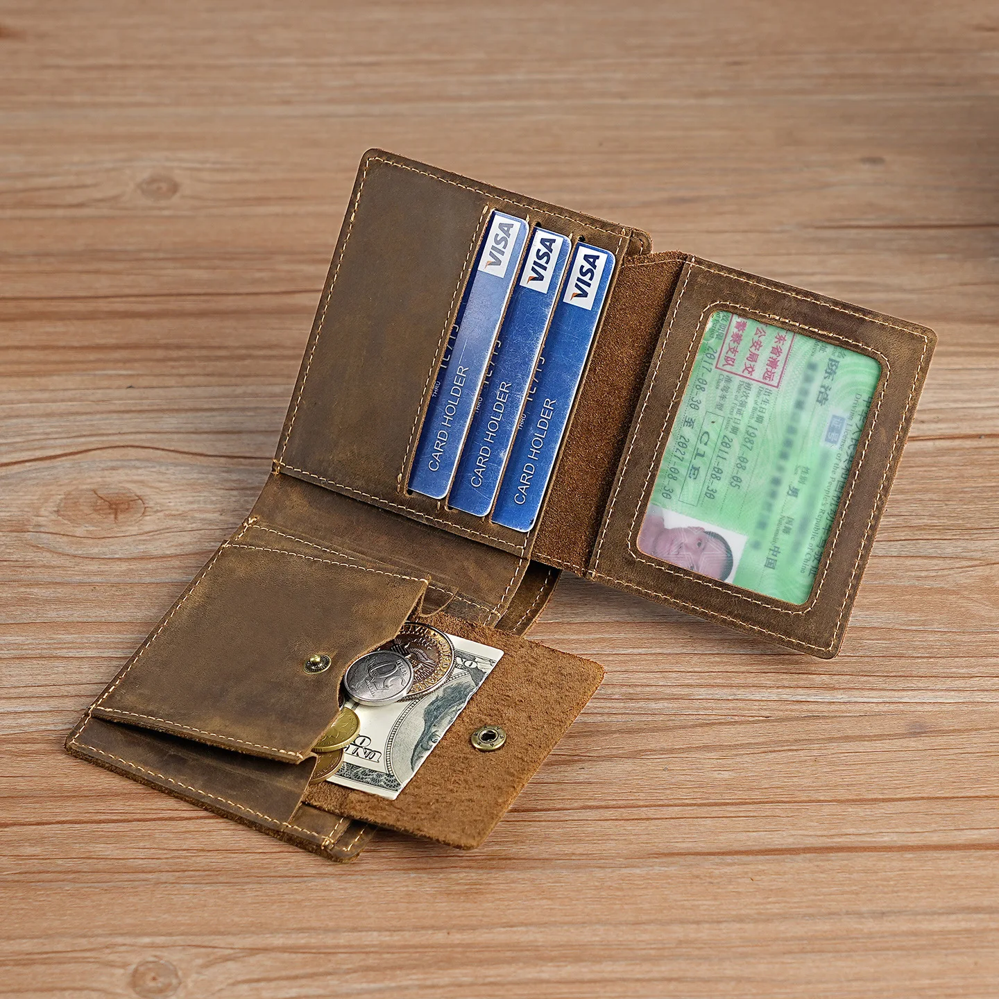 Crazy Horse Leather Men's Genuine Wallet Vintage Multi-functional Card Holder with Transparent Window and Coin Pocket