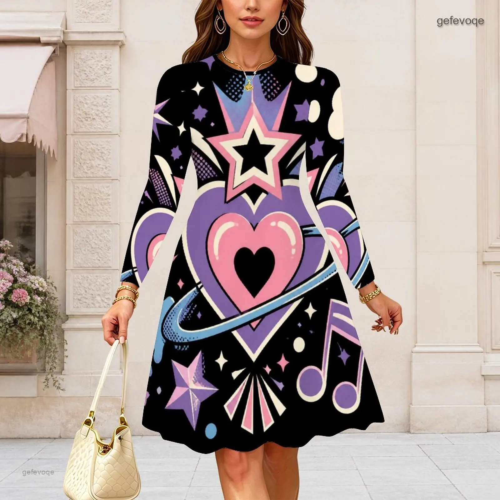 Women Round Neck Long Sleeve Midi Dress Slim Fit Waist A Line Swing Dresses Custom Print Lady Daily Party Dress