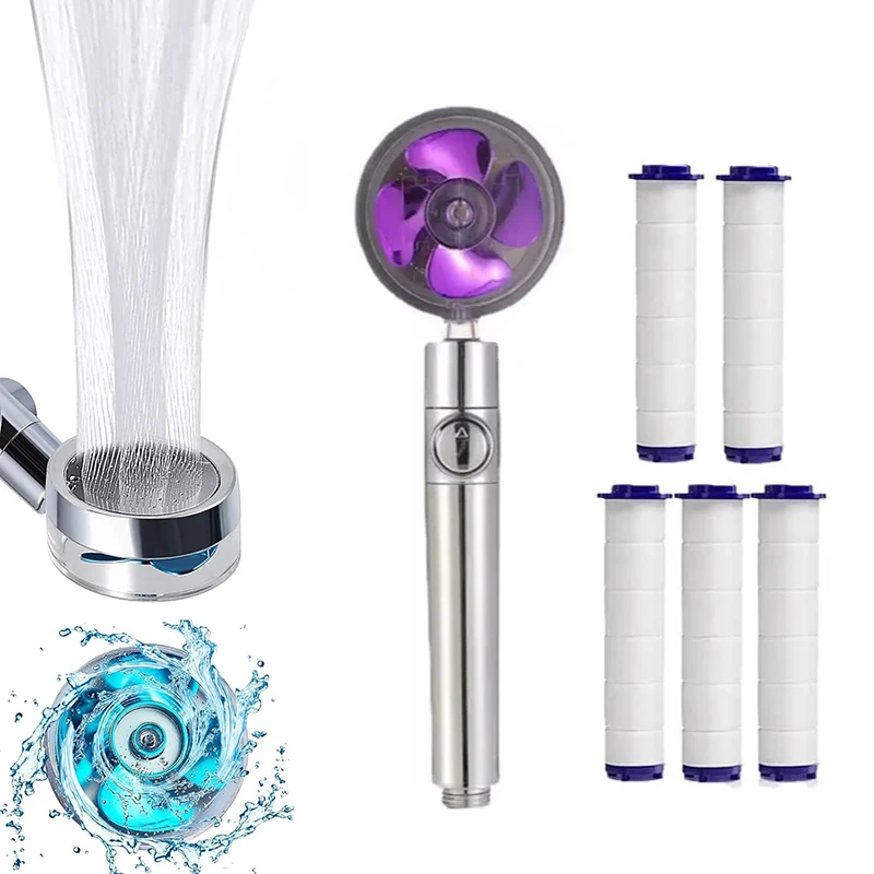 High Pressure Handheld Shower Head with Filters Vortex Hydro Jet Turbo Propeller 360 Degrees Rotating Easy Install