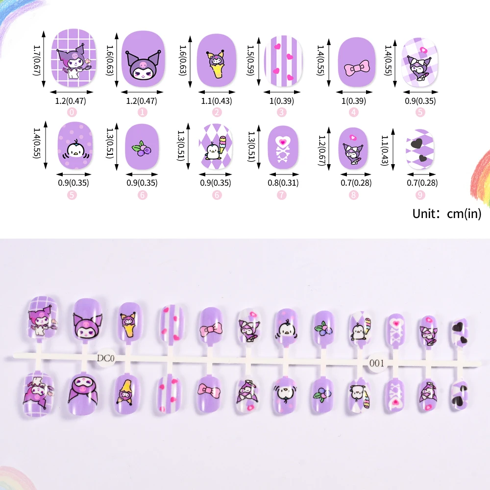 24Pcs Girls Cartoon Style Full Cover Press On False Gel Short Square Kuromi Hello Kitty Kids False Nail 6~12 years Fake NailsTip