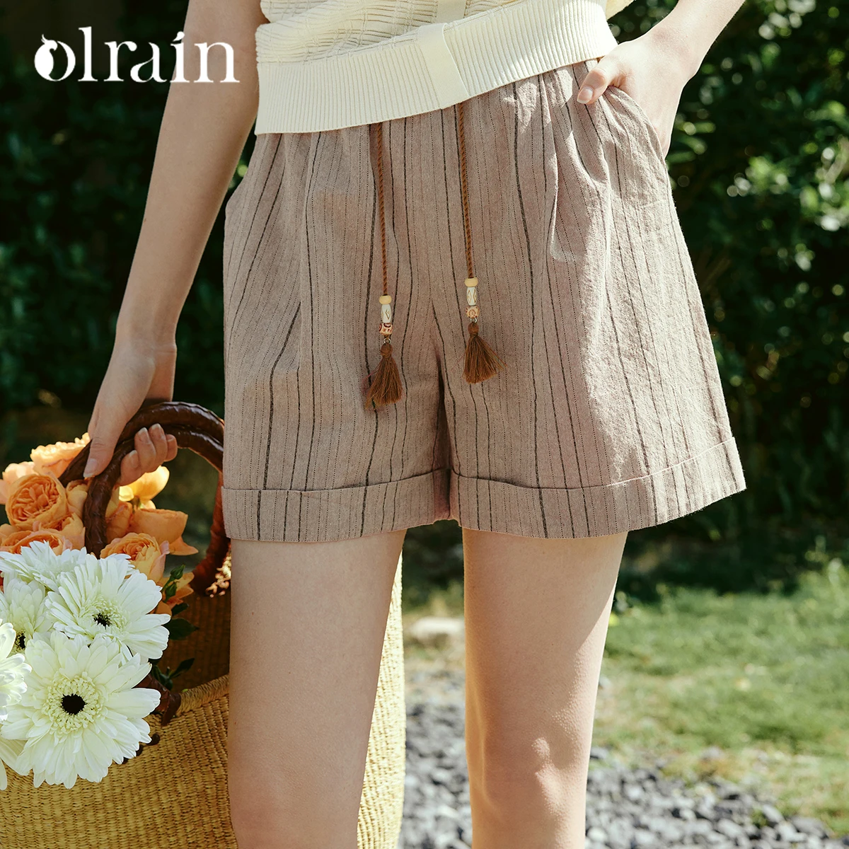 OLrain Women's Casual Striped Shorts 2026 Summer Beads Drawstring Elastic Waist Cotton Loose Straight Short Pant O58XK005265