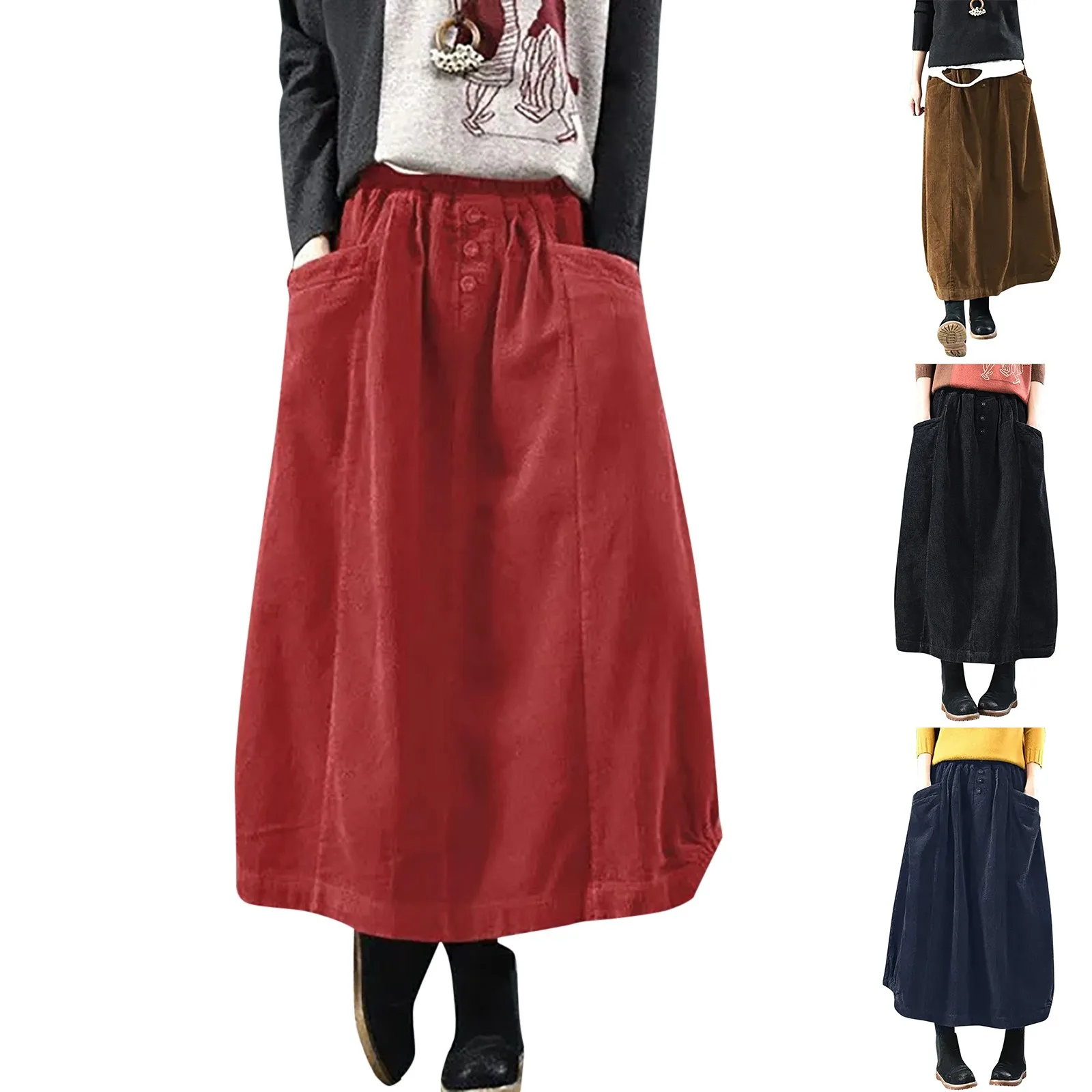 

New Vintage Corduroy Skirt Women's Elastic Waist A Line Pleated Skirt Autumn Winter Short Outwear Casual Clothing For Ladies