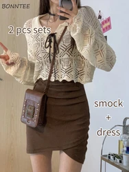 Frauen Sommer Sets Sexy Mädchen Neue Design Y2k Spaghetti Strap Mini Dünnes Kleid Aushöhlen Crop Smock 2 Stück костюм женский летний