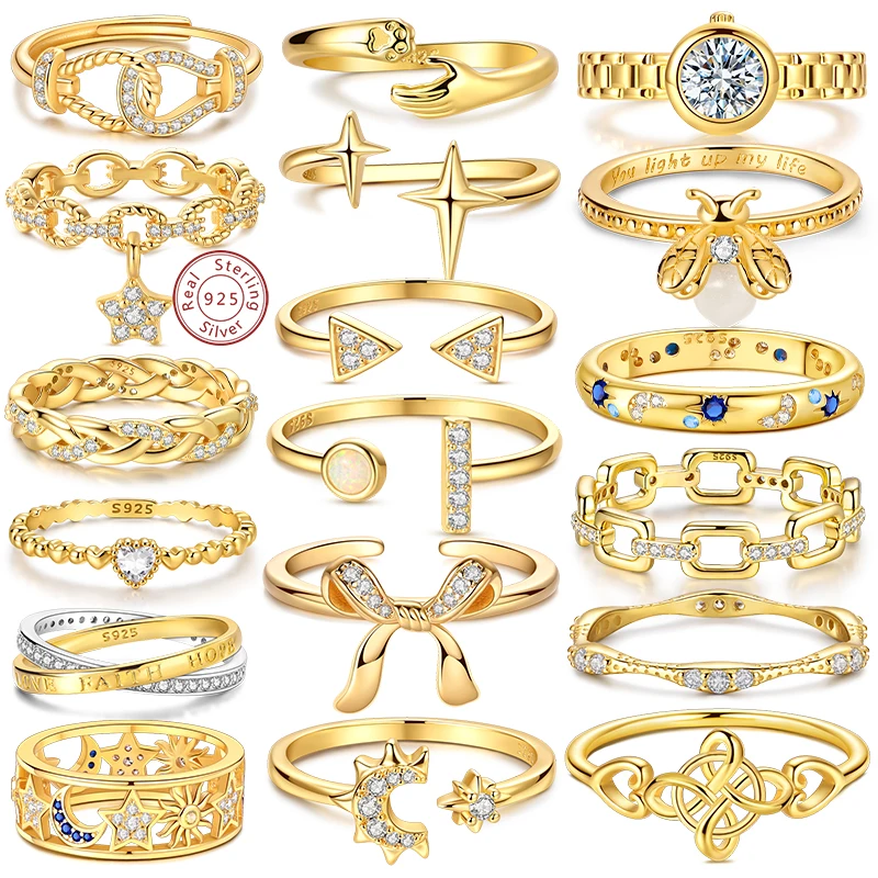 

Кольцо из стерлингового серебра 925 пробы, сверкающее золотое кольцо-цепочка в форме сердца со звездой и луной для женщин, мужчин и девочек, кольцо на годовщину свадьбы, ювелирное изделие, подарок