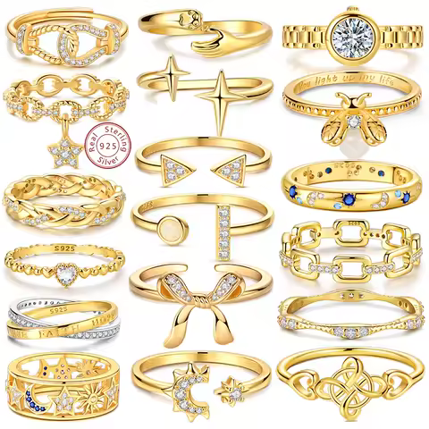 Ring 925 Sterling Silver Sparkling Gold Heart Star Moon Chain Ring For Women Man Girl Wedding Anniversary Part Ring Jewelry Gift