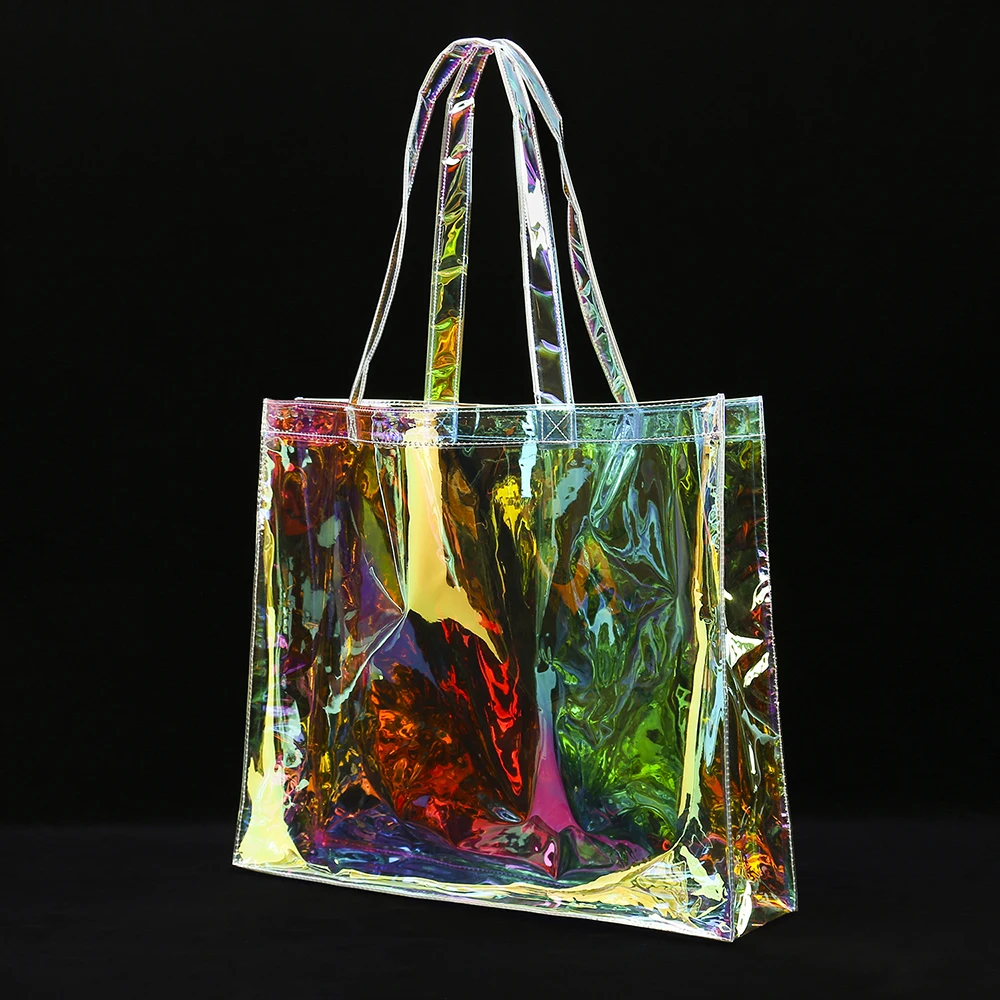 Clear Hologram Shopping Bag Iridescent Premium Glitter Tote Available for Custom