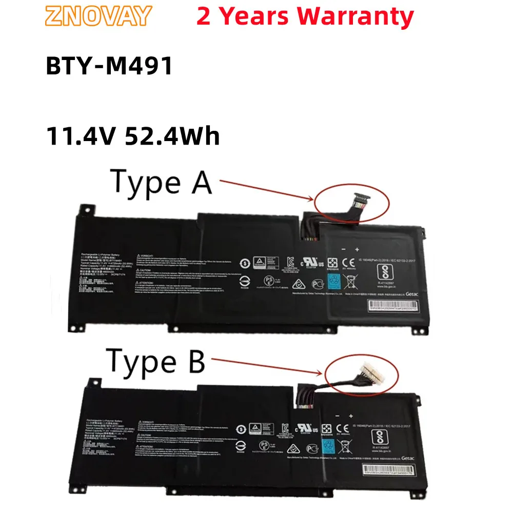 ZNOVAY 11.4V 52.4Wh 4600mAh BTY-M491 3ICP6/71/74 Laptop Battery For MSI Modern 15 A10RB Laptop Batteries Notebook Battery