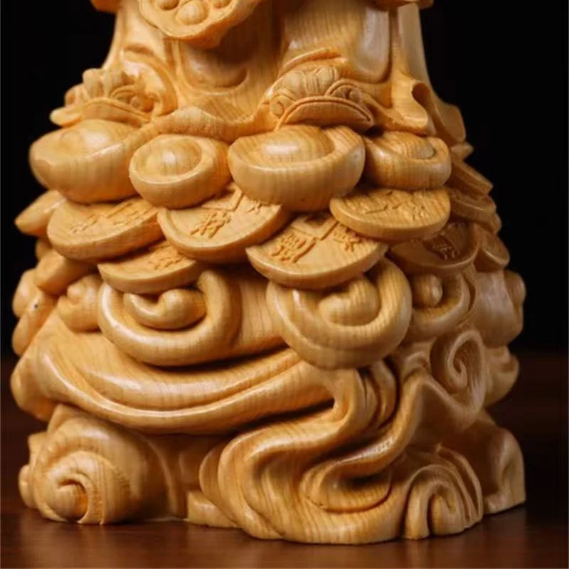 Solid Wood Ruyi God of Wealth Figurine –Exquisite Carving Sculpture for Home Office Desk, Feng Shui Decor to Attract Wealth Luck