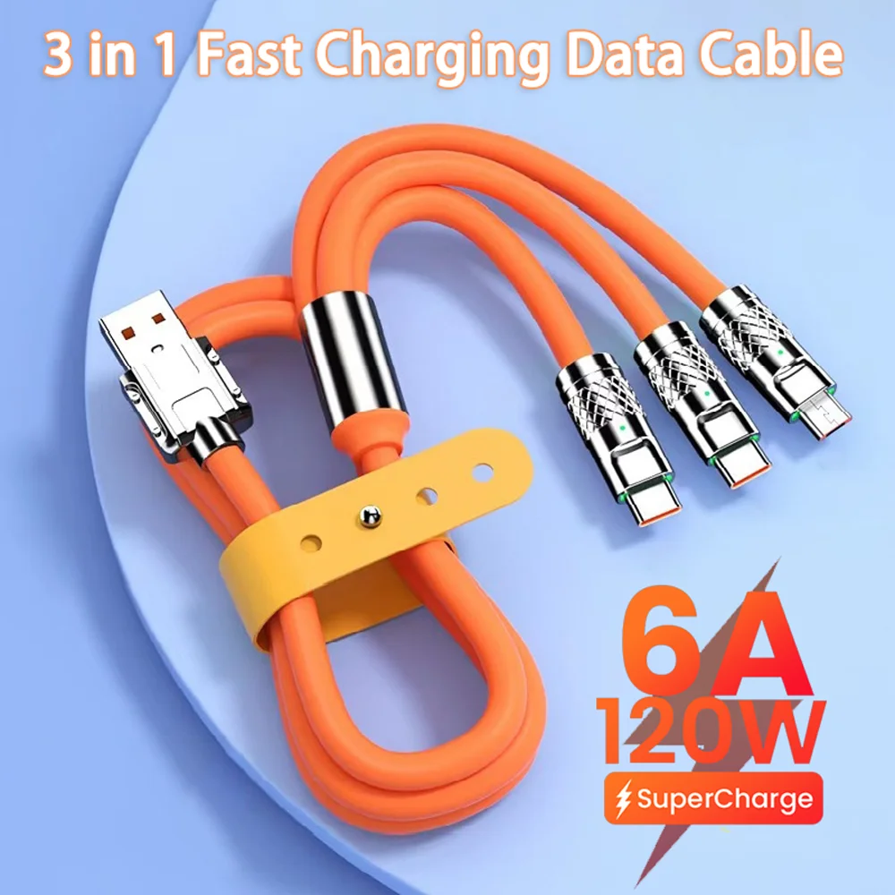 120W 6A 3 in 1 Fast Charging Type C Cable Micro USB for iPhone Charging Cable For Samsung Huawei Xiaomi Phone Charger USB Cable