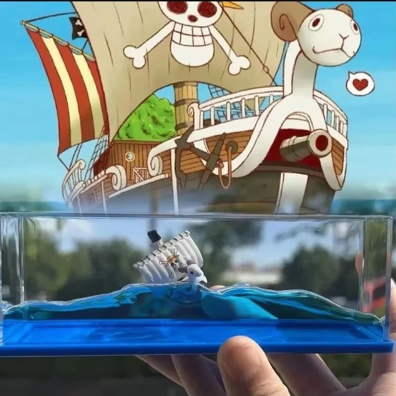 Heiß begehrte Going Merry Piratenschiff-Flüssigkeit, One Piece Thousand Sunny Schiffsmodell, schwimmende Barco-Dekoration für Wohnzimmer, Geschenke