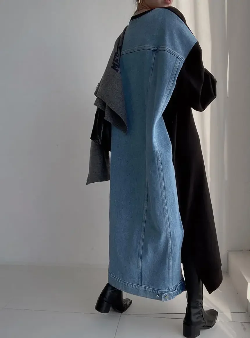 Korean Women Loose Casual Dress Splice Print Letter Denim Full Sleeve Regular Round Neck Long Dresses Ladies Autumn 2023