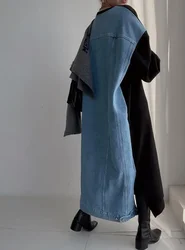 Korean Women Loose Casual Dress Splice Print Letter Denim Full Sleeve Regular Round Neck Long Dresses Ladies Autumn 2023