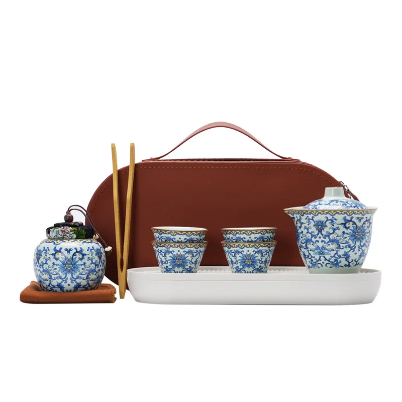 

Ru Kung Fu Tea Set Blue and White Wrapped Lotus Tea Set Travel Tea Set Portable Kuaike Cup Souvenir