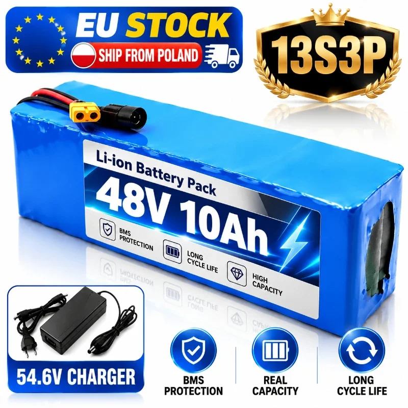 Pacco batteria al litio 48V 10Ah 13S3P 18650 Li-ion con connettore XT60+DC e BMS, caricabatterie 54,6V per e-bike e scooter elettrici, magazzino UE in Polonia, spedizione rapida