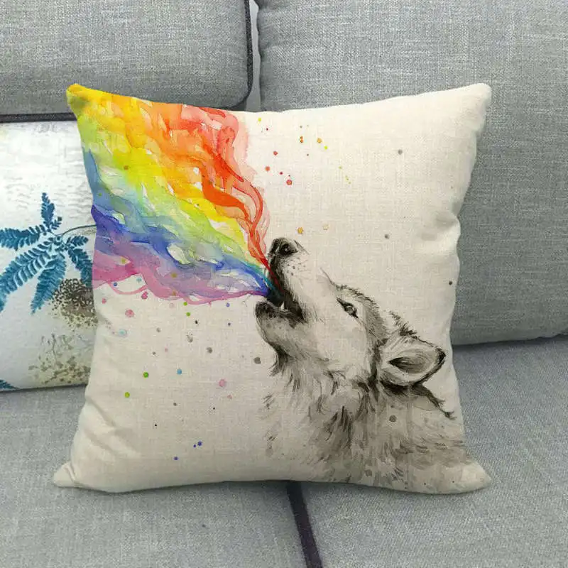 Rainbow Animal Throw Pillow Case Cute Cat Dinosaur Cotton Linen Pillow Covers Decorative Boy Girl Kid Room Aesthetics Sofa Bed