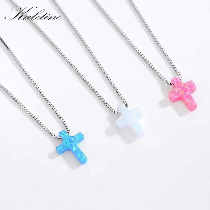 KALETINE New Women Cross Opal Necklace Genuine 925 Sterling Silver Blue Stone Cross Charm Opal Necklace Rosary