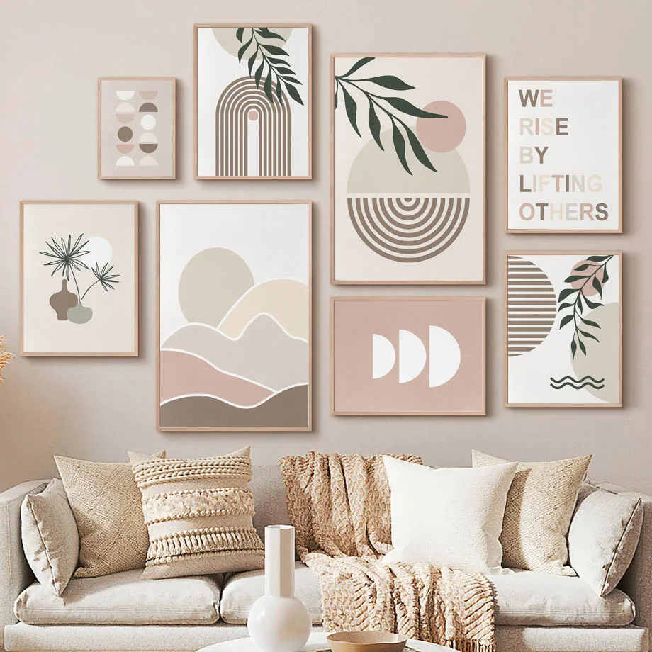 (No frame)Cuadro de Lienzo con Diseño de Sol, Arcoíris, Luna, Hojas y Geometría, Pósteres y Láminas Abstractas para Decoració