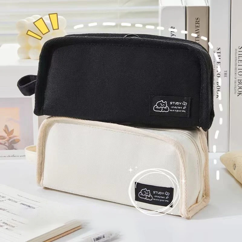 Simplicity Multifunctional Pencil Case Solid Color Canvas Pencil Bag High Capacity Stationery Storage Bag School Supplies