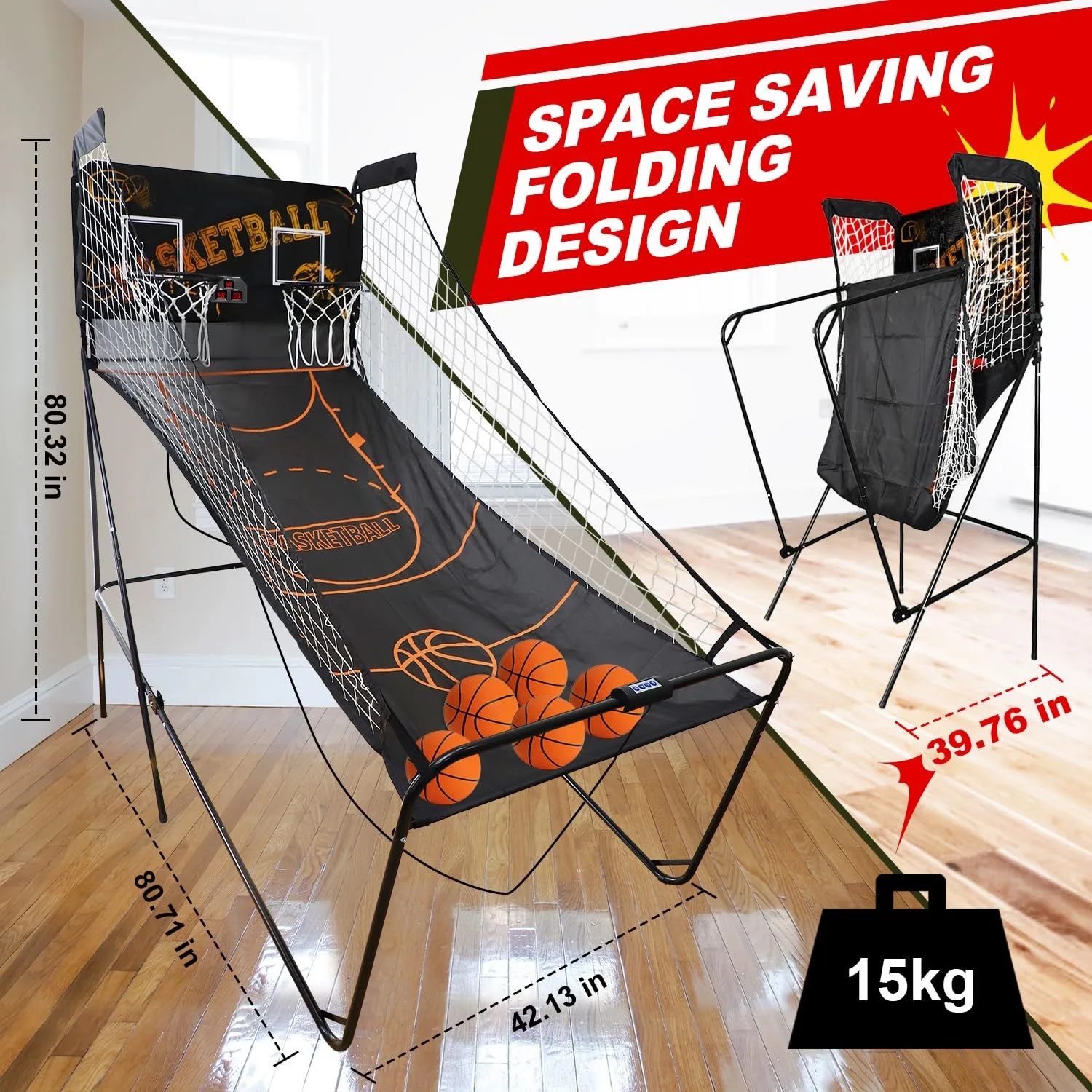 Indoor Double Basketball Machine with Automatic Electronic Scorer Adult Children Game Folding Shooting Ball Rack