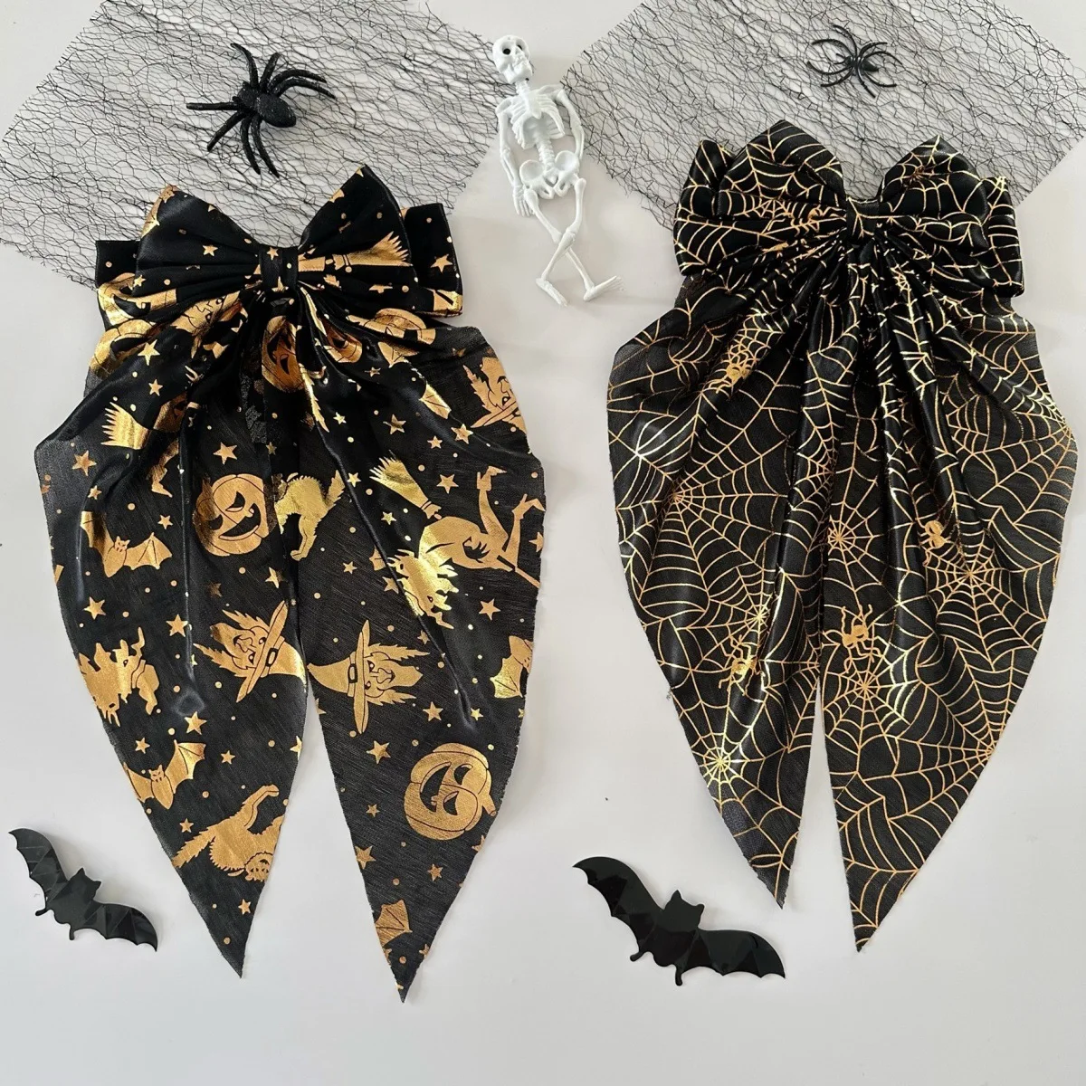 Halloween Bow Streamer Spring Hair Clip Printed Tulle Pumpkin Bat Festive Hair Accessory Girls Party Cosplay Gothic Hair Decor