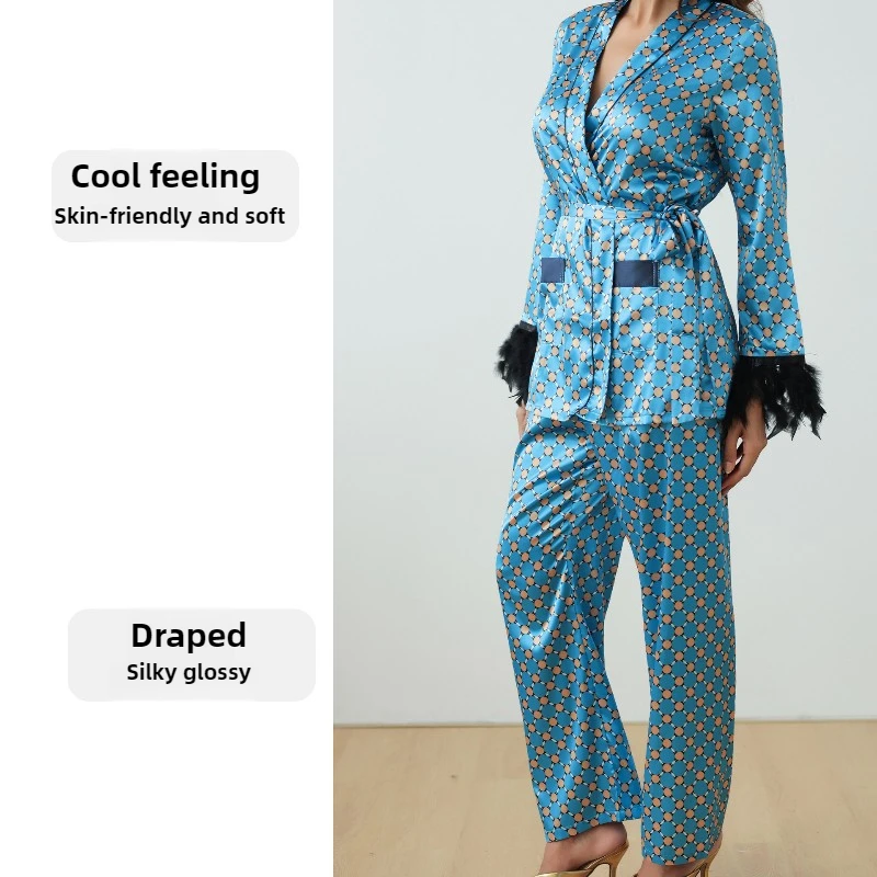 Krismile Ice Silk Women's Pajama Sets 2025 Spring Autumn Patchwork Spliced Feathered Print Top Straight Soft Sleepwear Pants