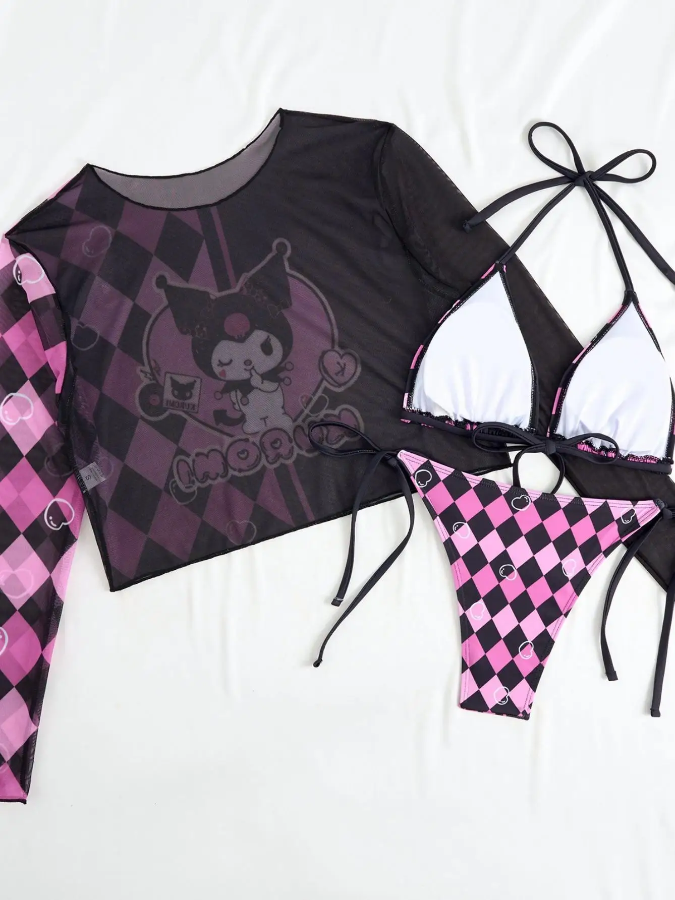 3 pcs/a set Sanrio Kuromi Black & Pink Checkerboard Cute Cartoon Gir Bikini Small Breast Gathers Beach Vacation Style - view 2