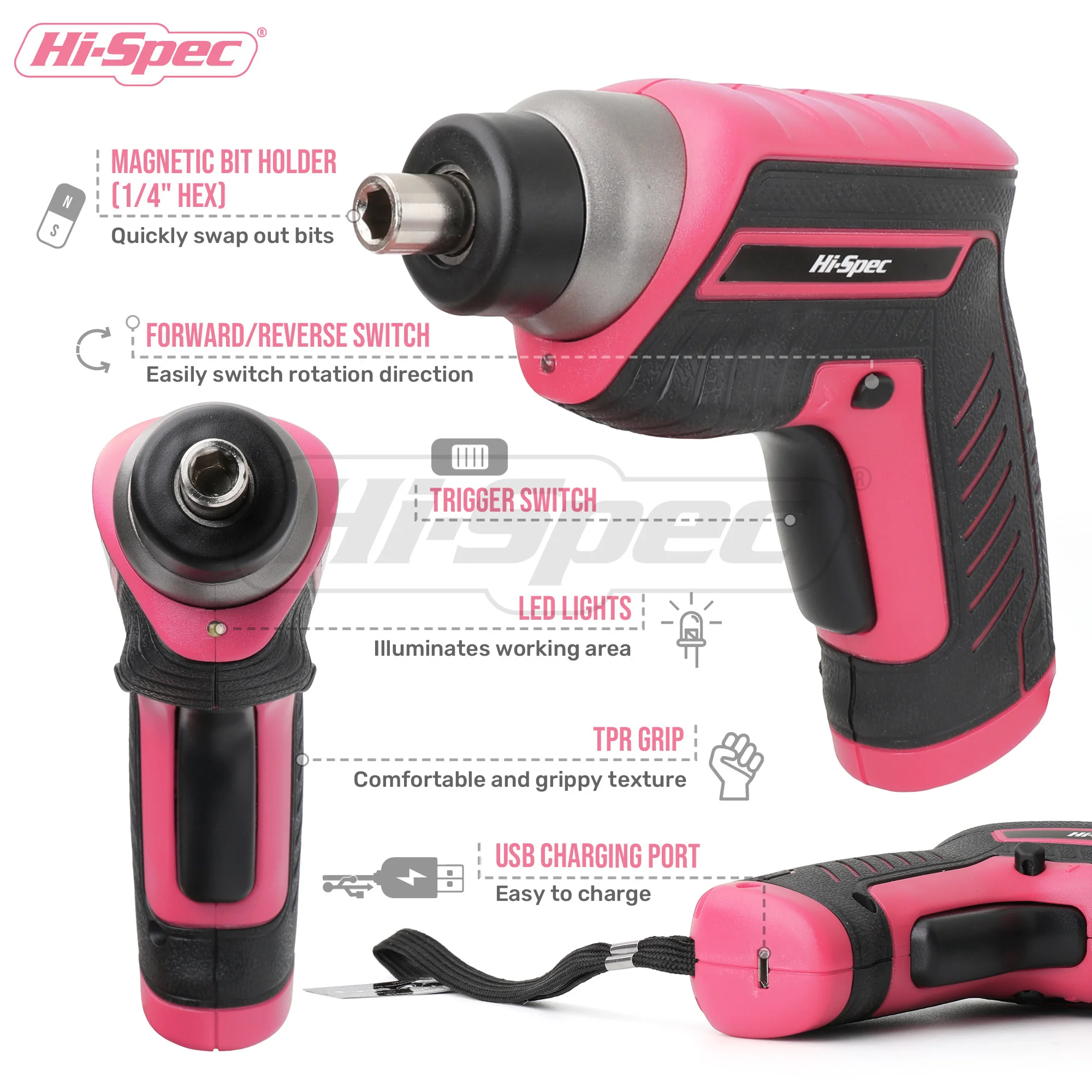 Hi-Spec Pink 3.6V Electric Screwdriver Rechargable Cordless Screwdriver Small Screw Gun USB Charge Powerful Electric Screwdriver