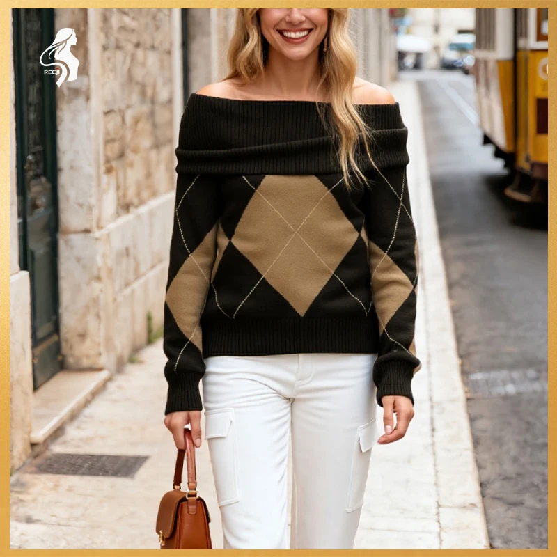 

RECJI новый стиль, осенний женский модный вязаный свитер с ромбовидным узором и ворсом на шее, открытыми плечами, незаменимый товар Trafizaran