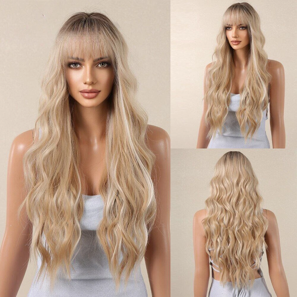 

Ombre Blonde Long Curly Synthetic with Bangs Highlight Women Wigs