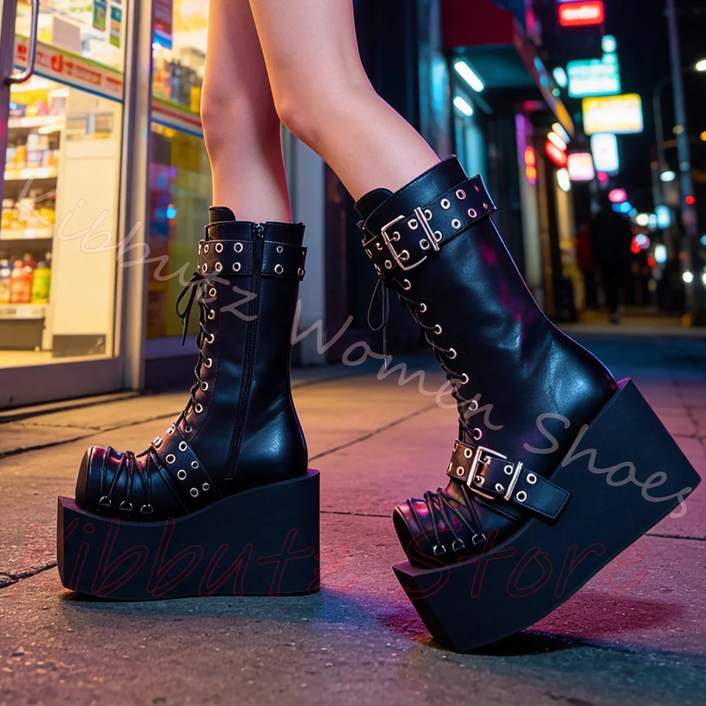 Multi Lace Up Ankle Platform Boots Buckle Straps Side Zipper Square Toe Chunky Heel Punk Wrap Leather Solid Color Shoes Fashion