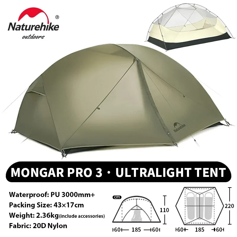Naturehike Mongar Pro 1 2 3-persoons tent ultralicht waterdicht backpacktent kampeer- en wandeltent outdoor draagbare 20D nylon beschuttingstent met luifel