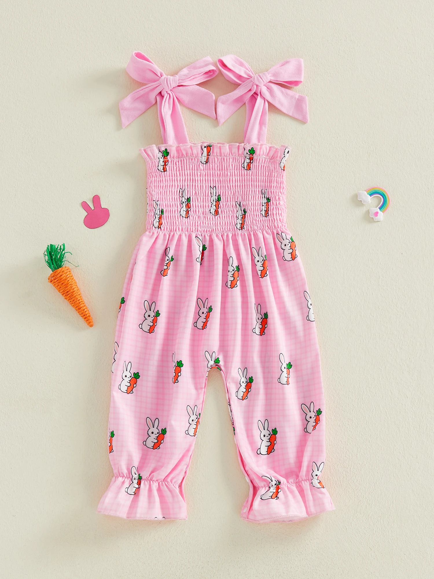 

Очаровательный комбинезон для девочек с цветочным принтом, рукавами-рюшами, милым принтом кролика, квадратным вырезом и сборками для Пасхи