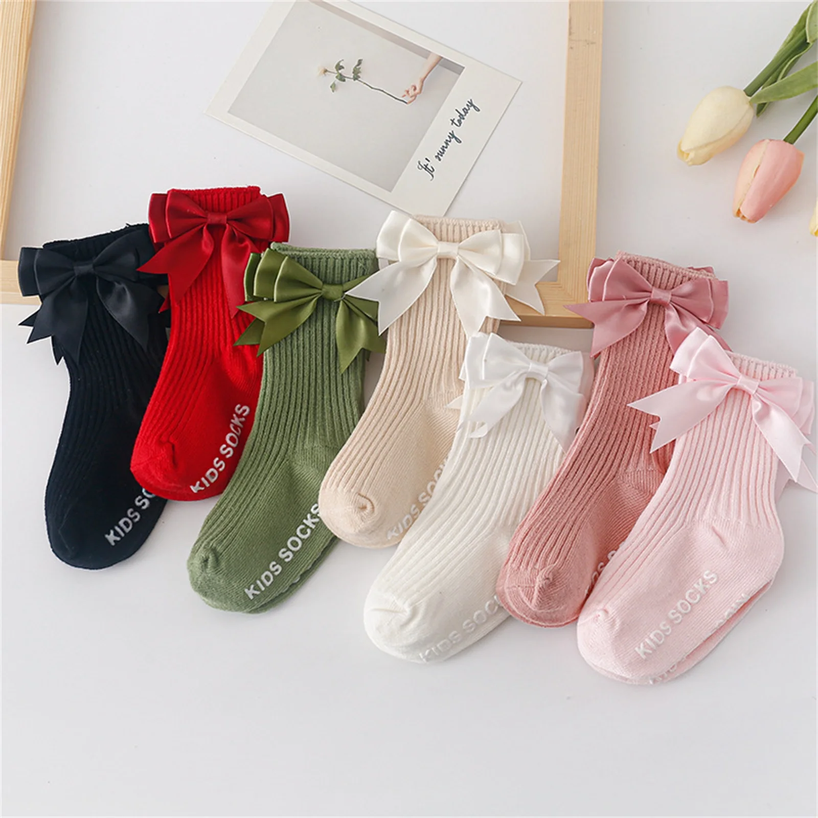 

Winter Baby Girl Floor Socks Letter Pattern Bowknot Non Slip Toddler Walking Socks with Grips Crew Socks for Kids Infant