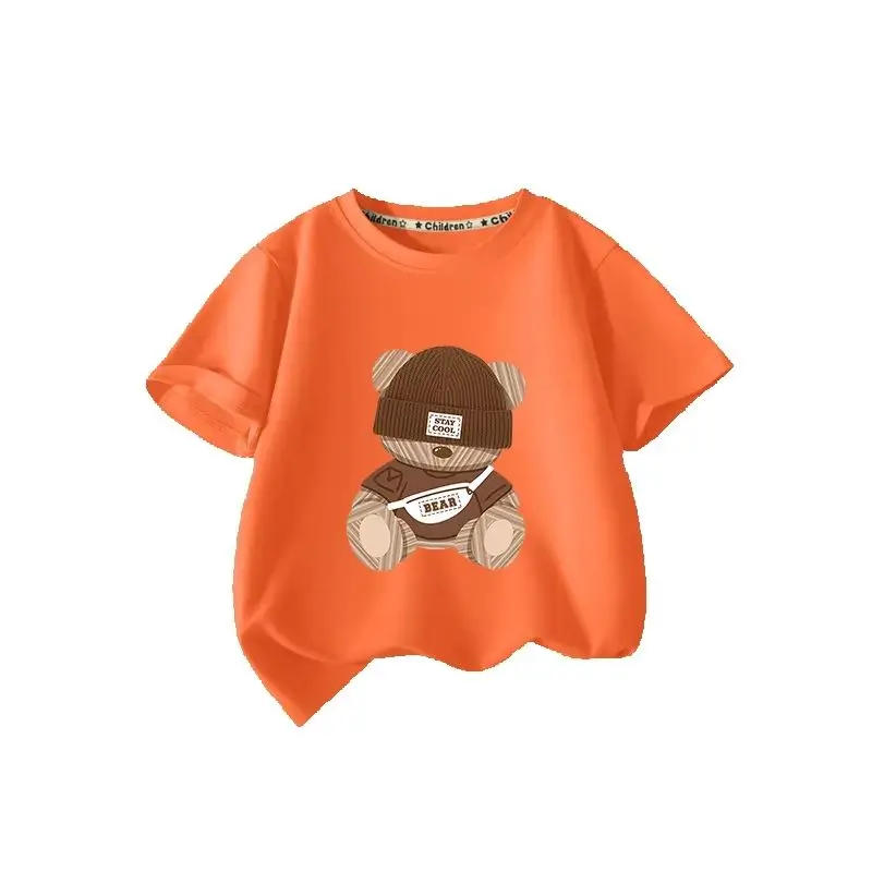 2026 New Summer Cute Bear Printed T-shirt Pure Cotton Children's Summer Dress Loose Round Neck Parent Child T-shirt