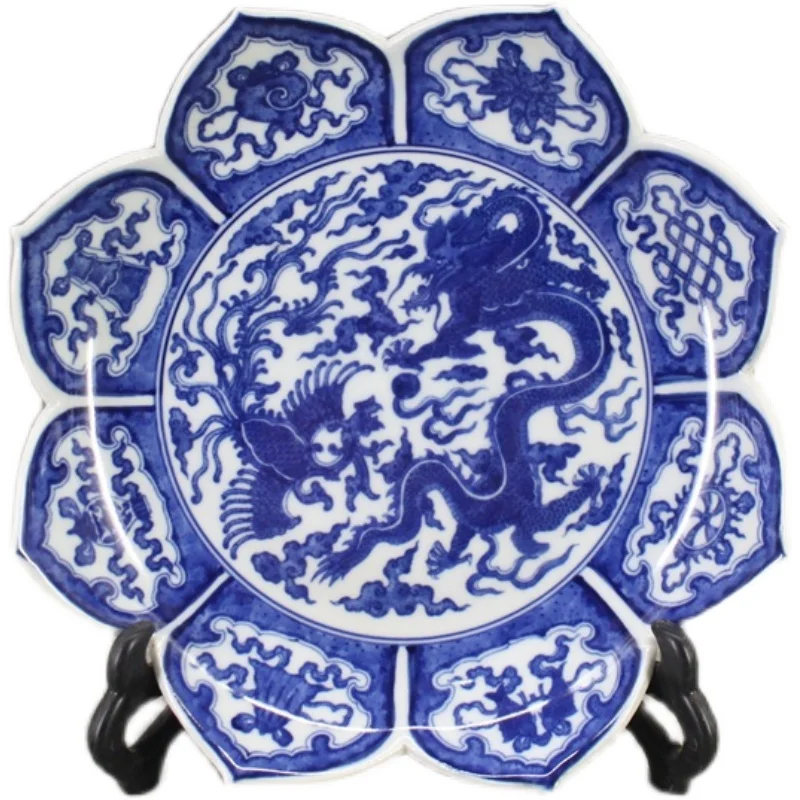 

Yongzheng синий и белый дракон с узором Феникса, тарелка в виде лотоса, антикварная коллекция, украшение, антикварный фарфор