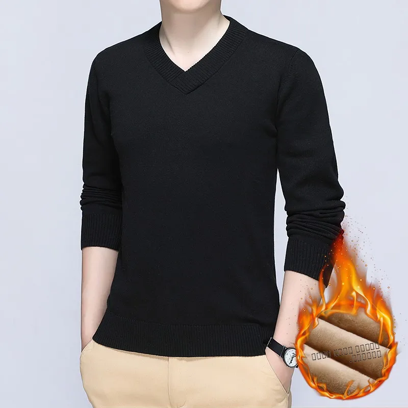 

Мужской утепленный хлопковый трикотажный свитер с V-образным вырезом на флисовой подкладке, осенне-зимний, модный, теплый базовый слой, с длинным рукавом, молодежный, повседневный стиль