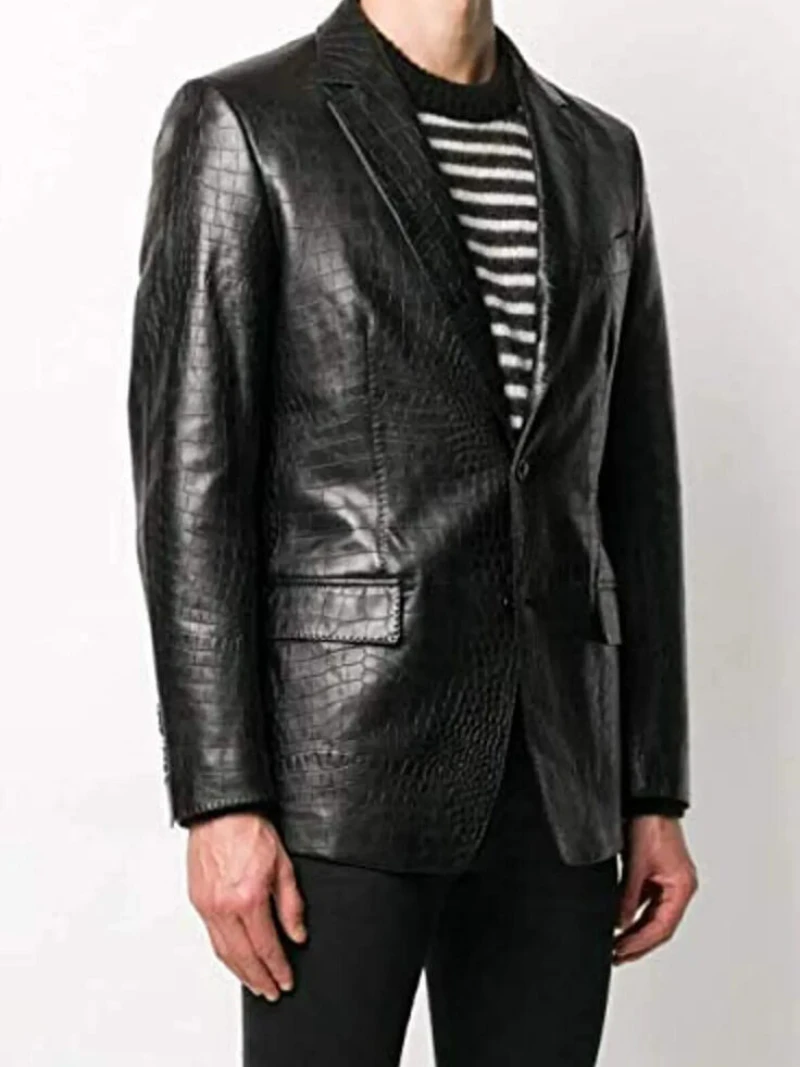 Men Croc-effect Leather Jacket Leather Blazer for Men Suit Leather Coat European and American Fashion Trend