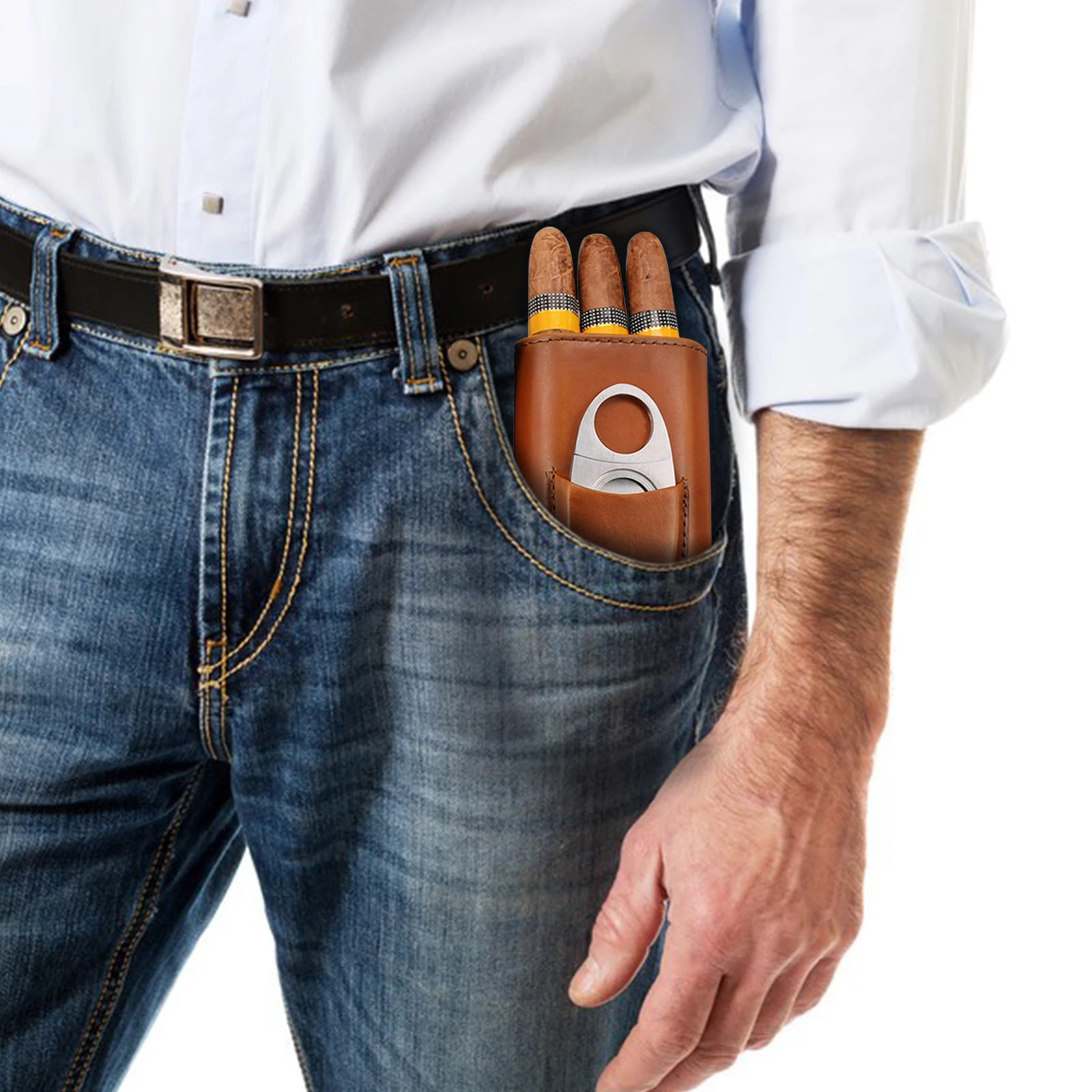 Cigar Humidor  Three-Finger Portable Cigar  Brown and Black Two Choices Cowhide Material Leather Case with Silver  Cutter