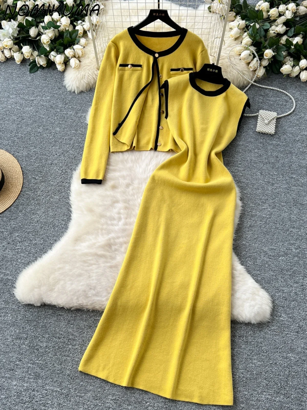 

Nomikuma Two-piece Women's Autumn Winter Versatile Round Neck Knitted Cardigan Jacket + Sleeveless Vest Dress