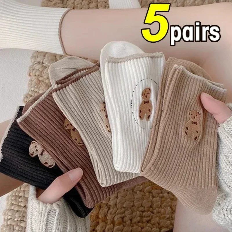 Calcetines de estilo universitario coreano para mujer, medias de tubo de oso de peluche Kawaii, algodón suave, versión coreana, tendencia Ins, calcetería informal, invierno, nuevo