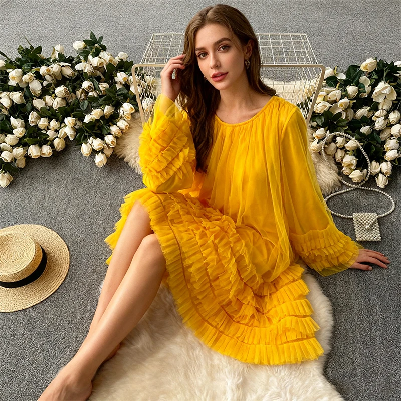 Sukienka Gymystars z siateczki w jednolitym kolorze, jesienne sukienki damskie, modna, luźna, w kształcie litery A, z okrągłym dekoltem, warstwowa, elegancka sukienka na wesele/imprezę dla kobiet.