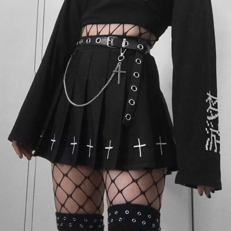 2024 Women Harajuku Sweet Fresh Feeling High Waist Pleated Skirt Elastic Waist Cross Embroidery black Pleated Skirt