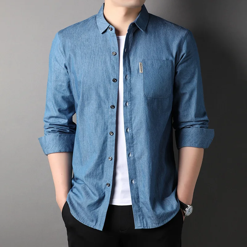 

2023 autumn new shirts Men's Solid Color Long Sleeve Cotton Denim Cardigan Lapel Collar Regular Fit Denim Shirt Men