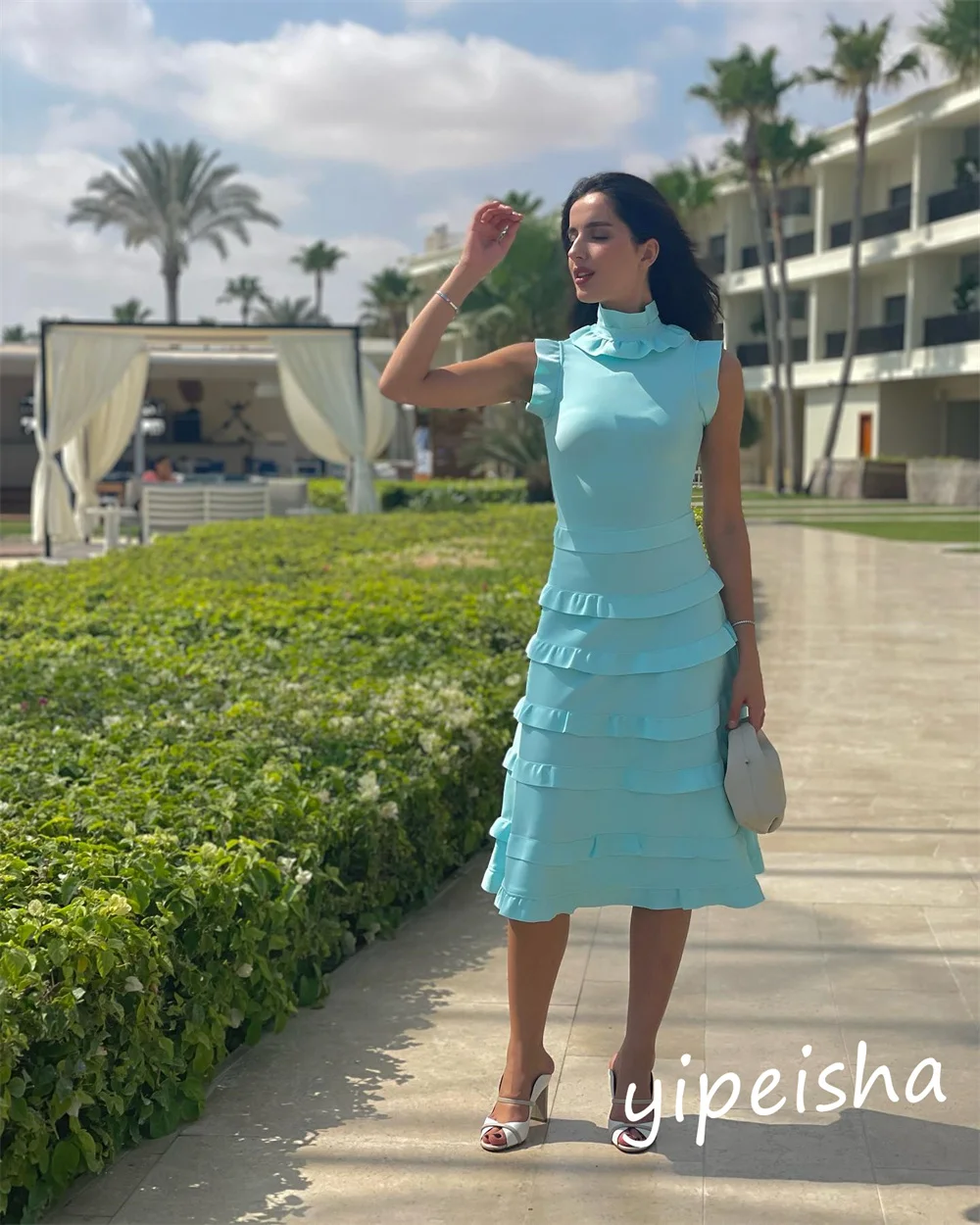 Vestido de baile de Arabia Saudita para graduación, traje de gasa con volantes, cuello alto, a medida, hasta la rodilla