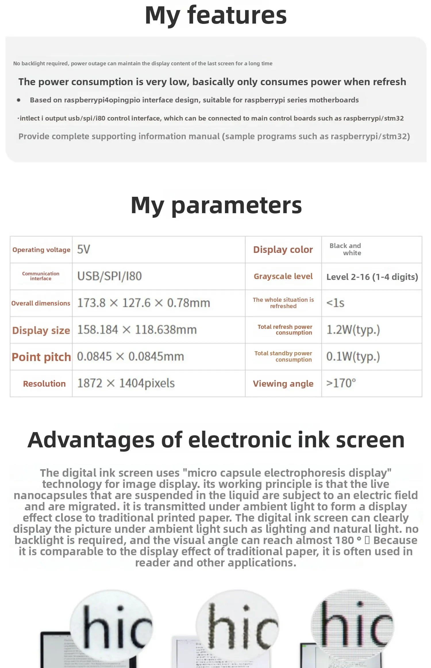 Módulo de tela de tinta preta e branca, display de papel eletrônico de 7,8 polegadas, driver USB/SPI, Raspberry Pi stm32