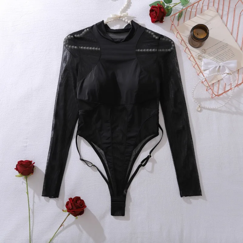 Toucheart malha sexy bodysuit magro retalhos cor sólida transparente feminino premium oco sedutor interessante conjunto de lazer