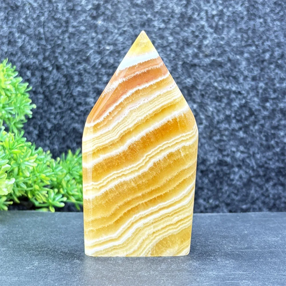 Natural Yellow Striped Calcite Crystal Tower Energy Ornaments Aura Mineral Home Decorative Piece