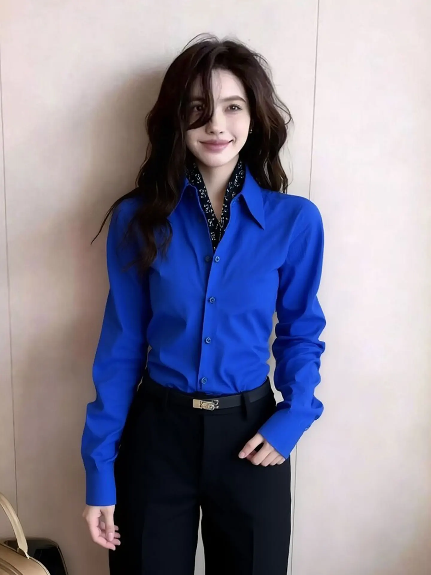 

Ele Korean Sle Long Sve Collar irt Women's Single Button Versatile Top Spring Faion High Quali Silk Material